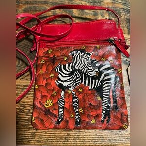 NEW Purse Leather Made in India Hand-Painted ZEBRA Artisan Red Bag/Crossbody
